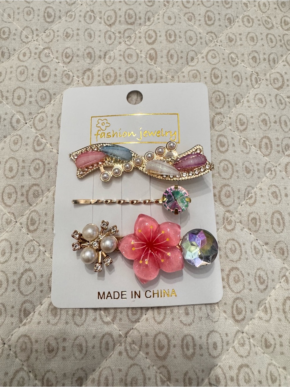 Fashion Jewelry Pink Floral and Pearl Hair Clip Set of 3